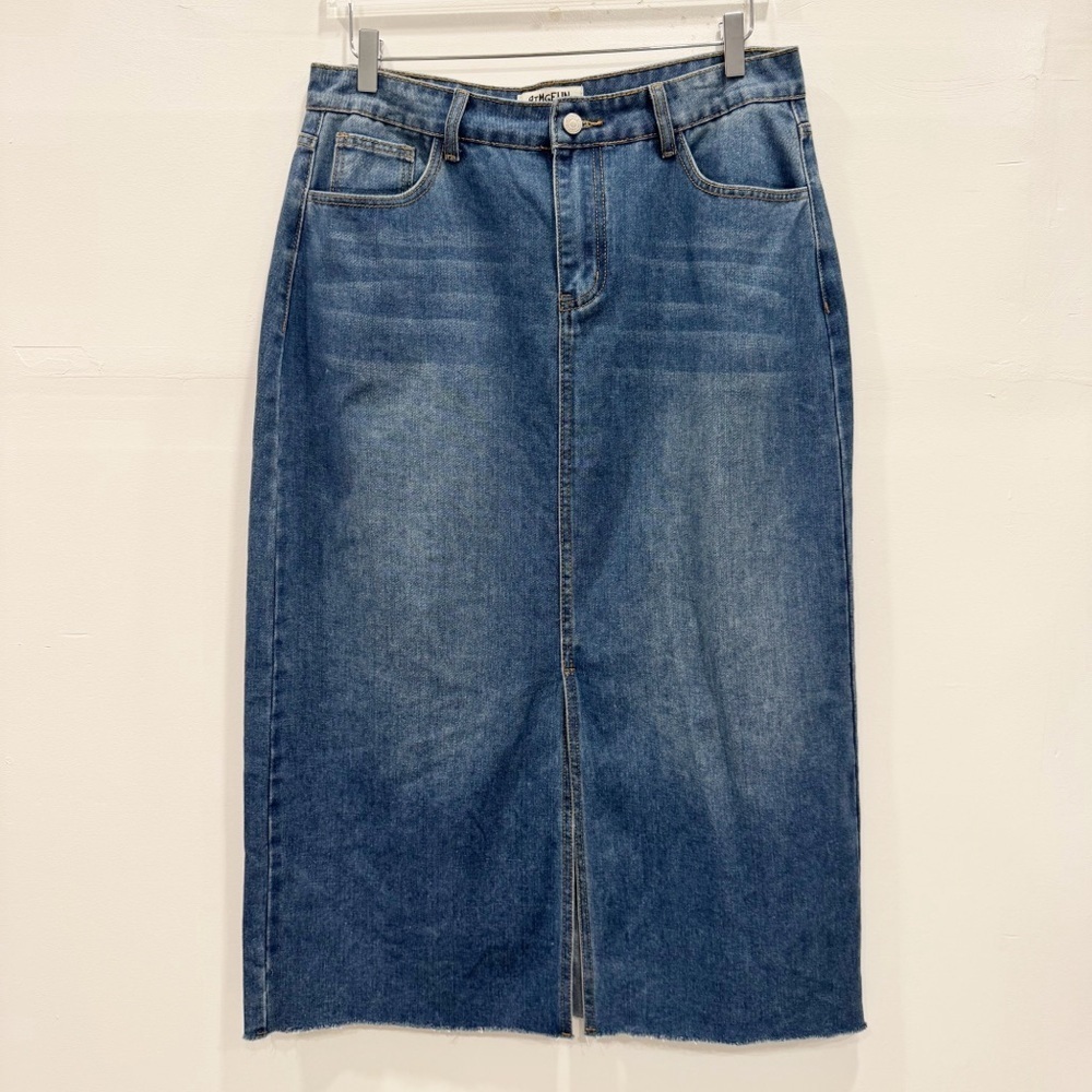Cotton Blend Denim Midi Skirt Front Slit High Waist XL Classic Fall